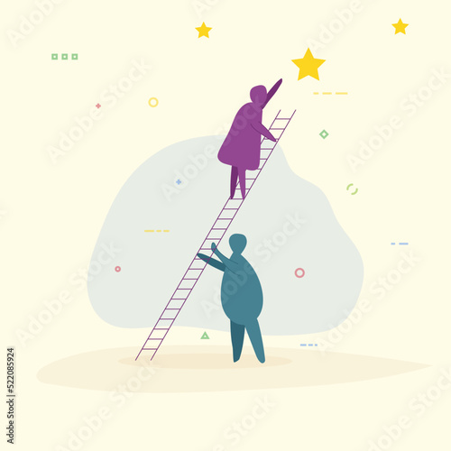 Person climbing ladder to rich stars in the sky. Women and man working together. Abstract human drawings. Trendy vector illustration. Abstract bubble rounded characters reaching for the stars.