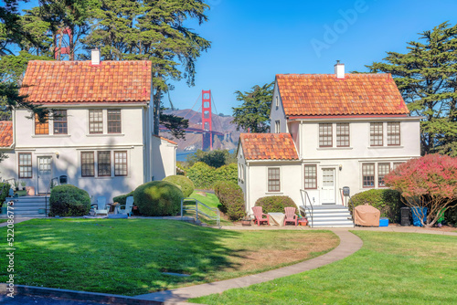 Neighborhood in San Francisco, California with a view of the Golden Gate Bridge at the back
