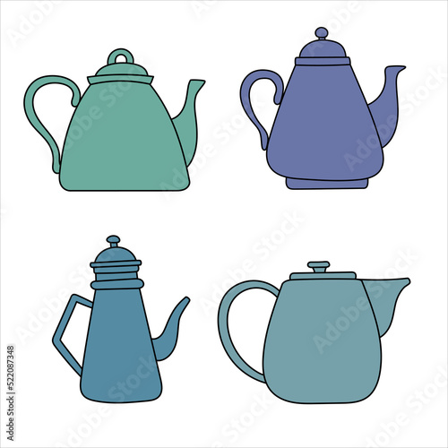 Teapot set. Tea time backdrop. Hand drawn doodle.