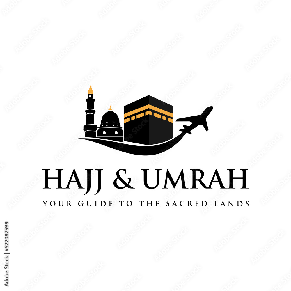 travel logo, Al haj and umrah mubarak tour symbol. Suitable for travel business and Islamic content.