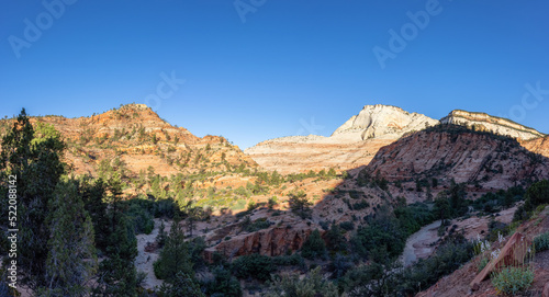 American Mountain Landscape. Sunny Morning Sky. Zion National Park, Utah, United States of America. Nature Background Panorama