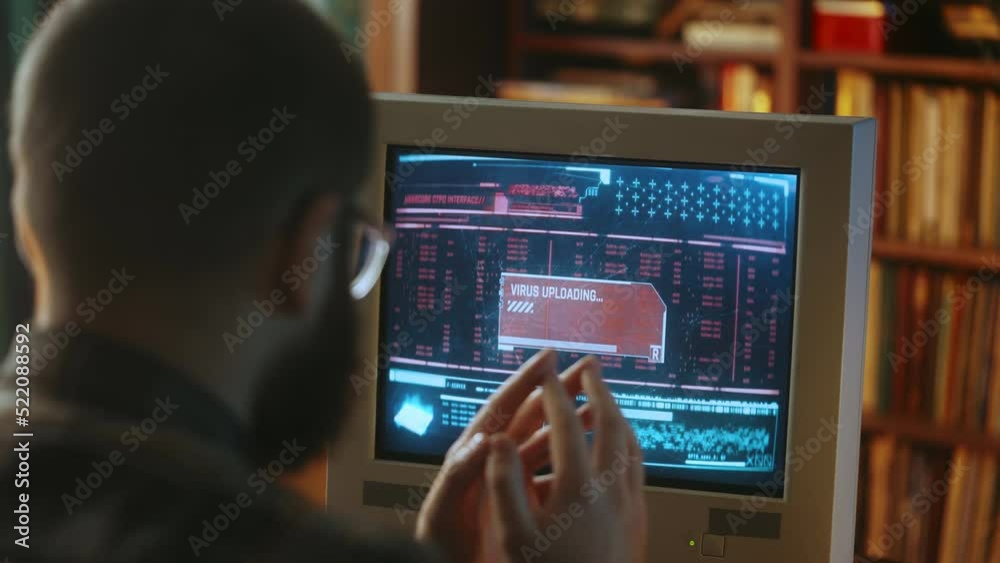 Hacker watching virus loading process on retro desktop pc, cyber crime in 1990s