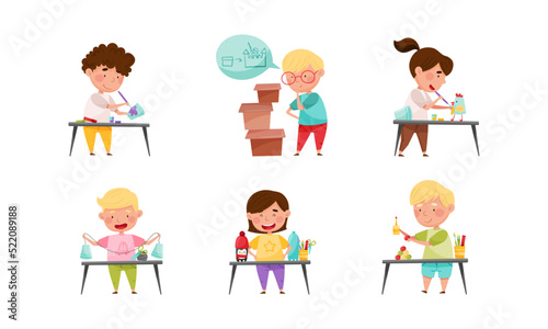 Inventive Kids Engaged in Upcycling Reusing Recyclable Materials Vector Set
