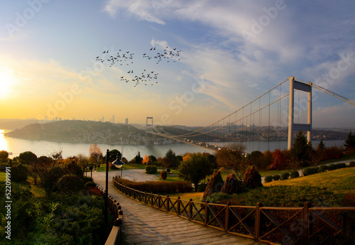 Fototapeta A panoramic view from Otagtepe to the Bosphorus at the sunset