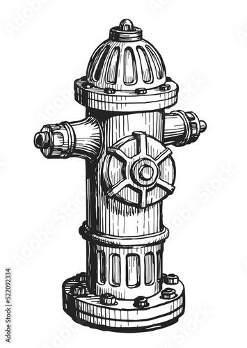 Fire hydrant isolated. Firefighter equipment vector illustration. Hand drawn sketch in vintage engraving style