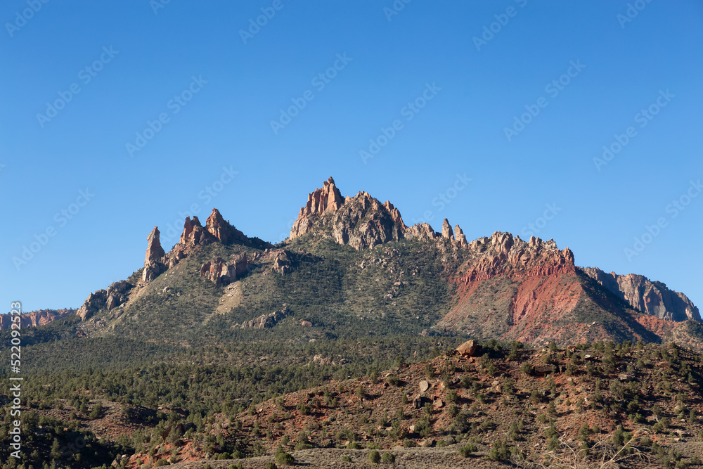 American Mountain Landscape. Sunny Morning Sky. Zion National Park, Utah, United States of America. Nature Background