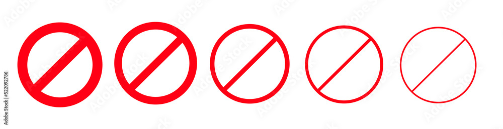 Prohibition sign. Simple red icons of different thicknesses. Stop. Hazard warning. Movement is prohibited, road sign. Circled symbols for safety. Vector illustration
Prohibition sign. Simple red icons of different thicknesses. Stop. Hazard warning. Movement is prohibited, road sign. Circled symbols for safety. Vector illustration