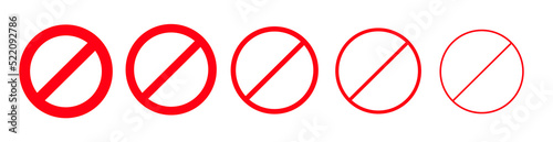 Prohibition sign. Simple red icons of different thicknesses. Stop. Hazard warning. Movement is prohibited, road sign. Circled symbols for safety. Vector illustration 