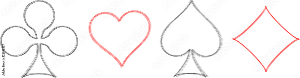 Sketch of playing card suits. Poker card suits. Card icons - hearts, clubs, spades and diamonds. Vector illustration isolated on white background. Casino icons - hearts, clubs, spades and diamonds. 