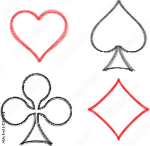 Sketch of playing card suits. Poker card suits. Card icons - hearts, clubs, spades and diamonds. Vector illustration isolated on white background. Casino icons - hearts, clubs, spades and diamonds. 