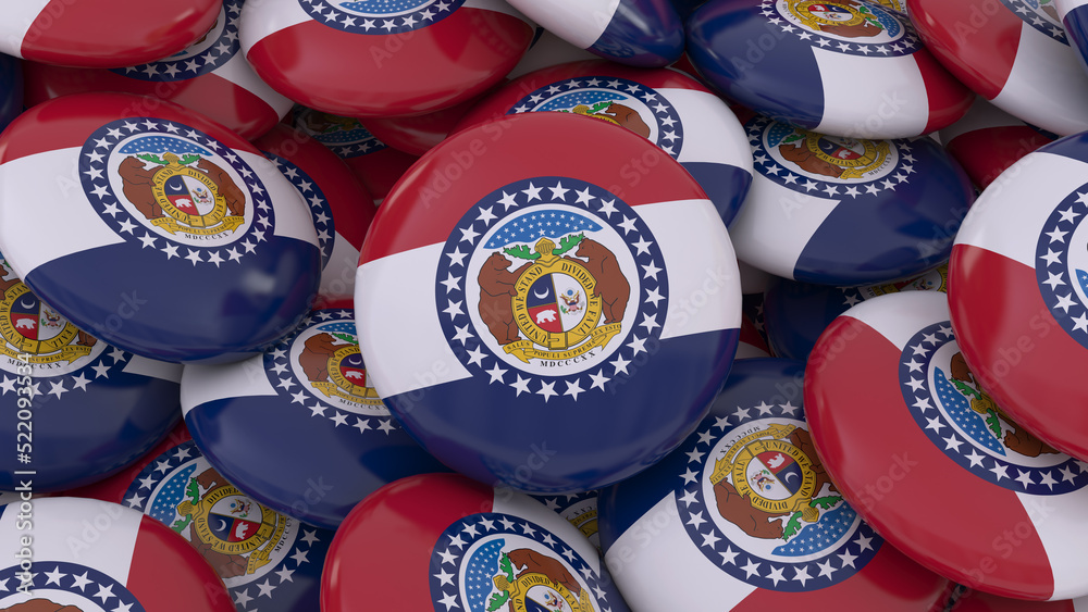 3D rendering of a bunch of badges with the Missouri state flag.