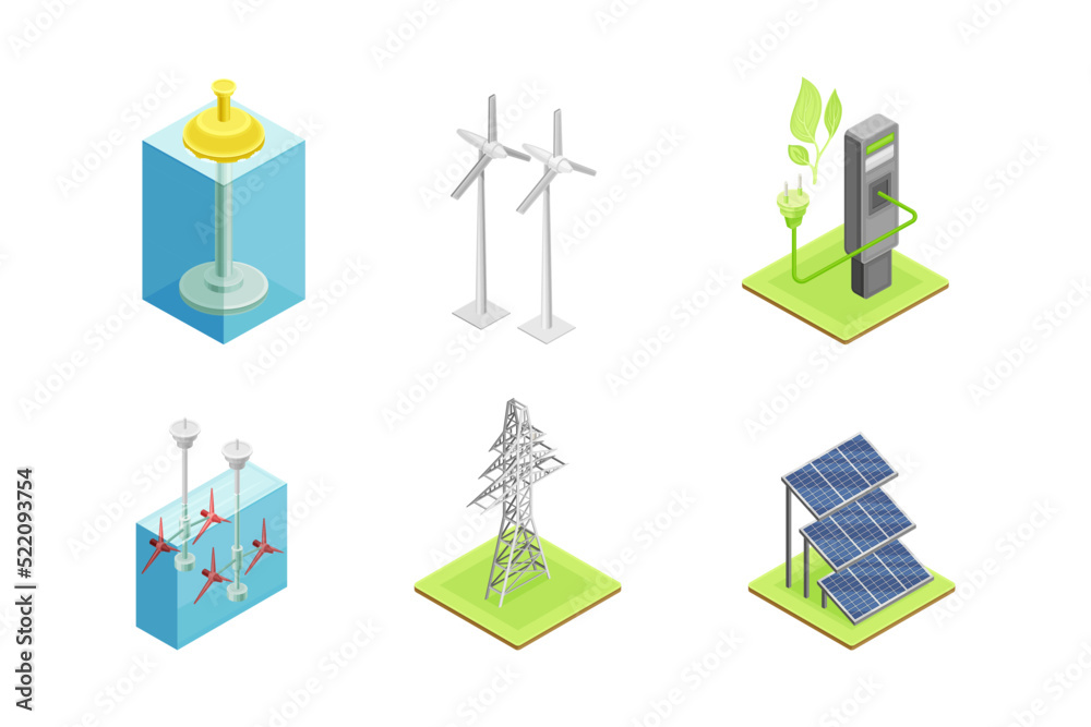 Ecology and Environment Protection and Conservation with Solar Panel, Wind Generator and Electric Charge Stand Isometric Vector Set