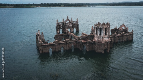 View of ruins of Shettihalli Rosary Church, Hassan, Karnataka India underwater due to heavy rainfall