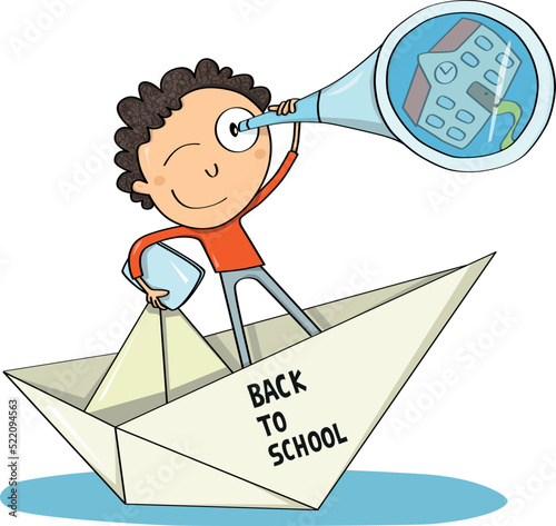 Boy getting ready to go back to school in a paper boat with a spyglass