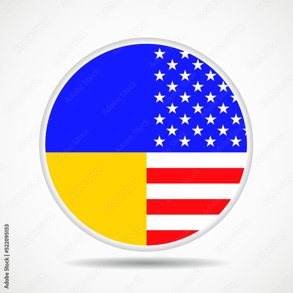 Round icon with ukrainian and usa national flags isolated on white background Round icon with ukrainian and usa national flags isolated on white background
