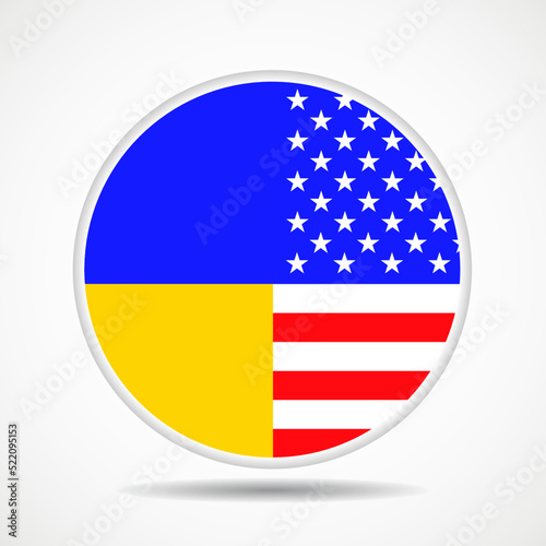 Round icon with ukrainian and usa national flags isolated on white background