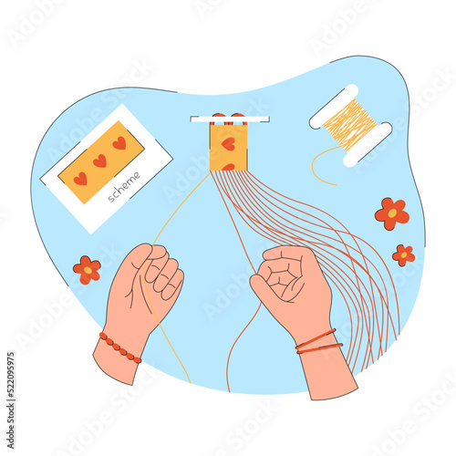 Process of weaving of DIY friendship bracelet. Hands make a wristband from threads according to the scheme
