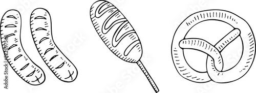 Hand drawn sausage, corn dog and pretzel icons set. Vector illustration, doodle style.