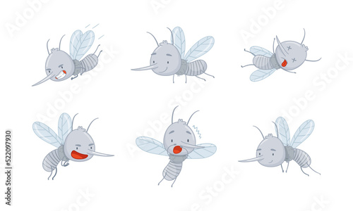 Cute Cartoon Mosquito Character as Small Flying Gnat with Proboscis Vector Set © Happypictures