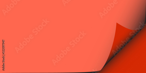 Curled coral color paper. Page Curl. Bright orange corner. Copy space. Vector illustration. Luxury backdrop. Poster, banner. Wallpaper. Presentation card. Ads. Design for tetxt, message, advertising.