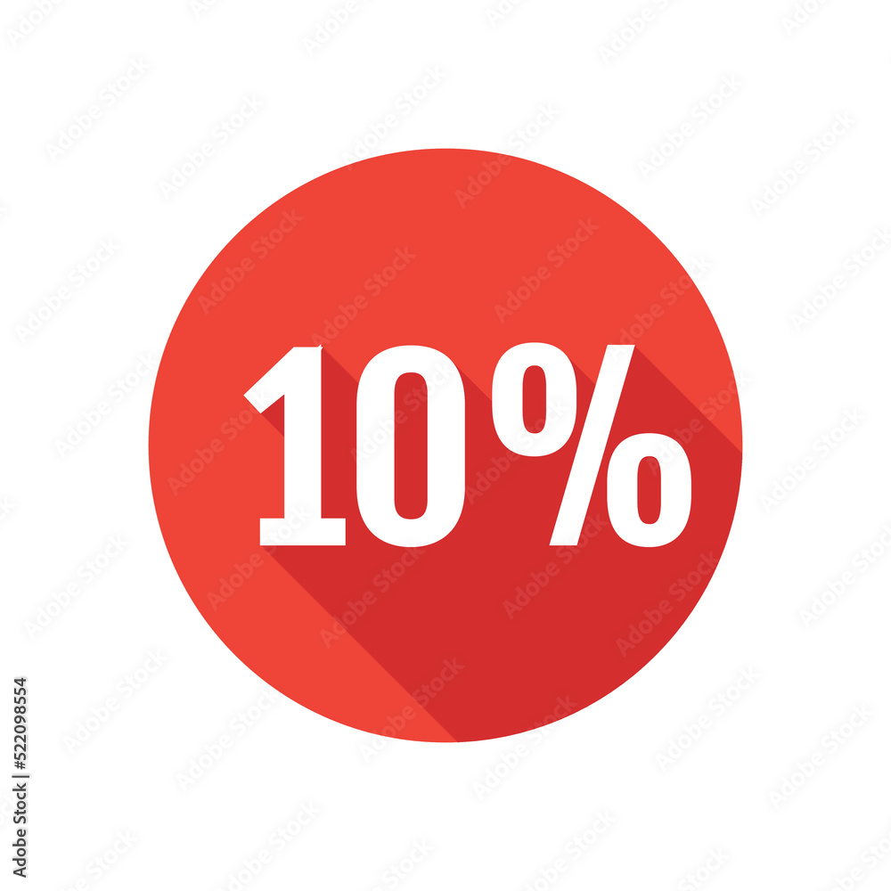 Discount, ten percent flat icon, round button, long shadow style. Discount, ten percent flat icon, round button, long shadow style.