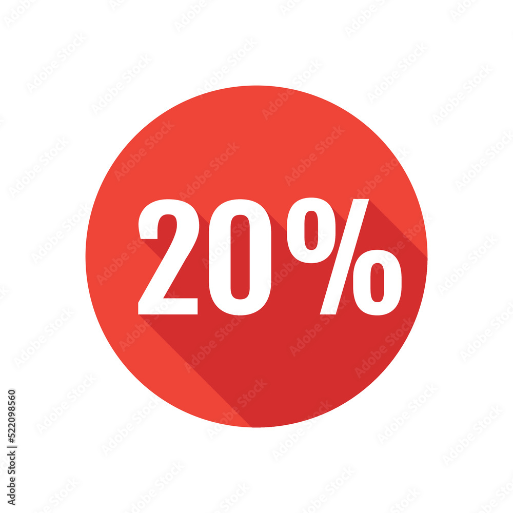 Discount, twenty percent flat icon, round button, long shadow style. Discount, twenty percent flat icon, round button, long shadow style.