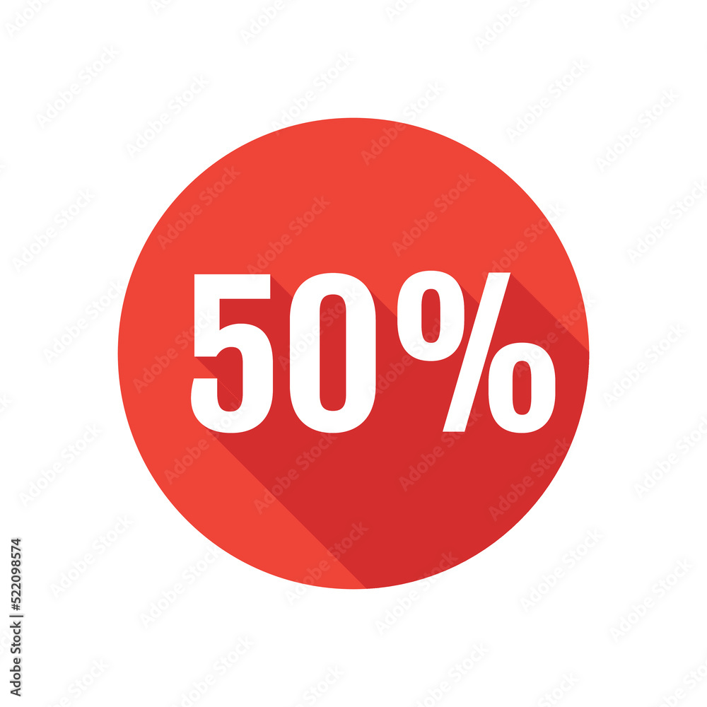 Discount, fifty percent flat icon, round button, long shadow style. Discount, fifty percent flat icon, round button, long shadow style.