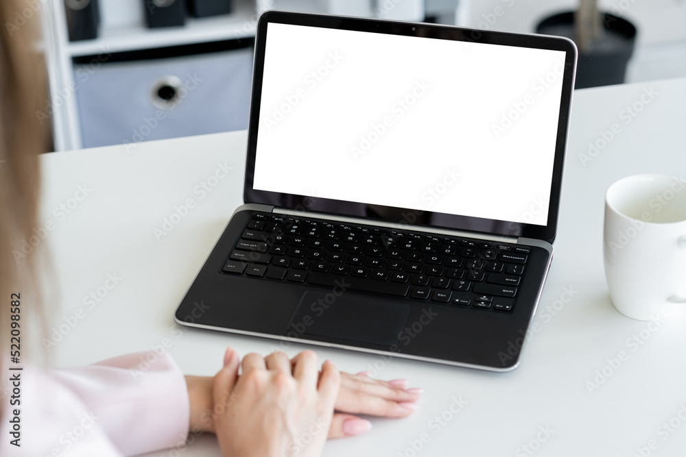 Business training. Studying woman. Computer mockup. Unrecognizable lady looking laptop blank screen in light room interior.