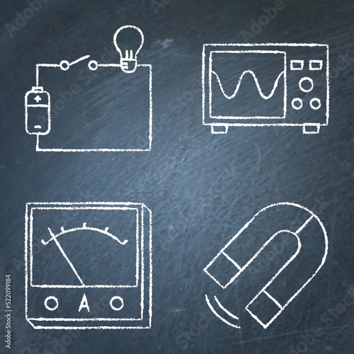 Physics icon set on chalkboard