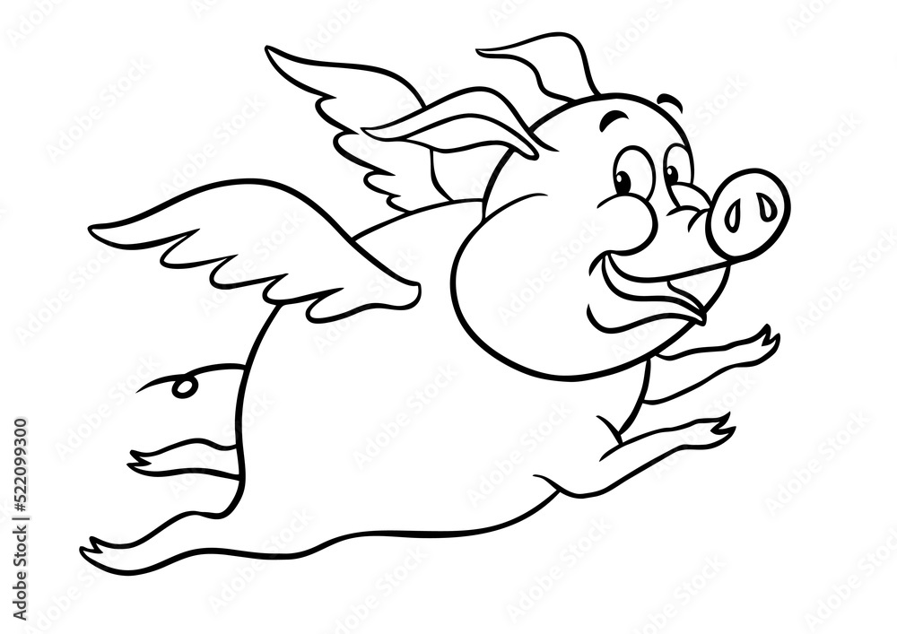 Vector outline image of a cheerful pig with wings isolated on white. Cartoon little pig. Vector outline image of a cheerful pig with wings isolated on white. Cartoon little pig.