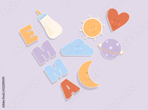 Children puzzle with different cute object. Child style cloud smiling. Sun, moon and text. Vector illustration concept