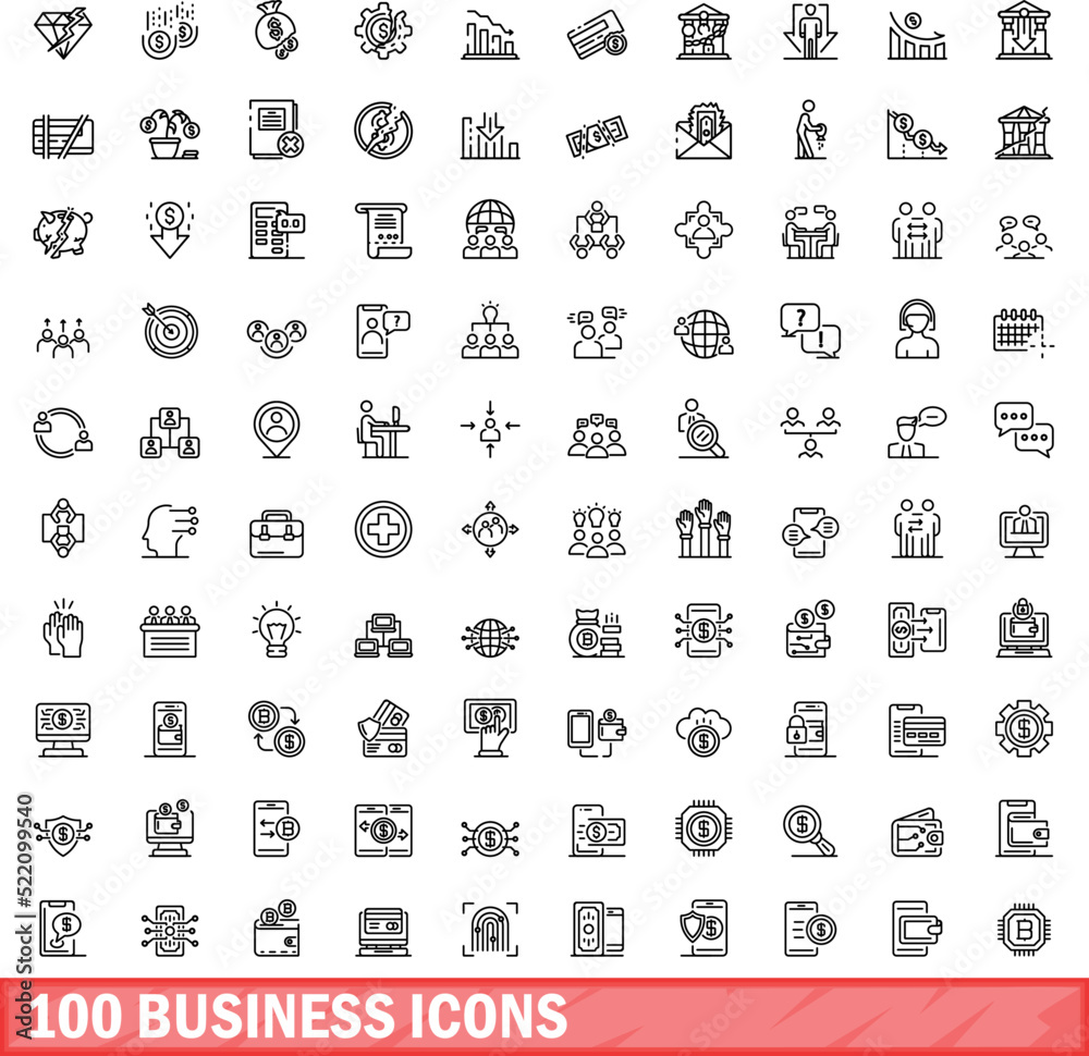 100 business icons set. Outline illustration of 100 business icons vector set isolated on white background 100 business icons set. Outline illustration of 100 business icons vector set isolated on white background