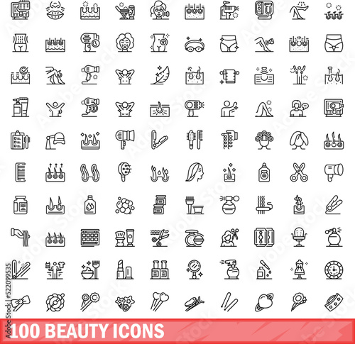100 beauty icons set. Outline illustration of 100 beauty icons vector set isolated on white background