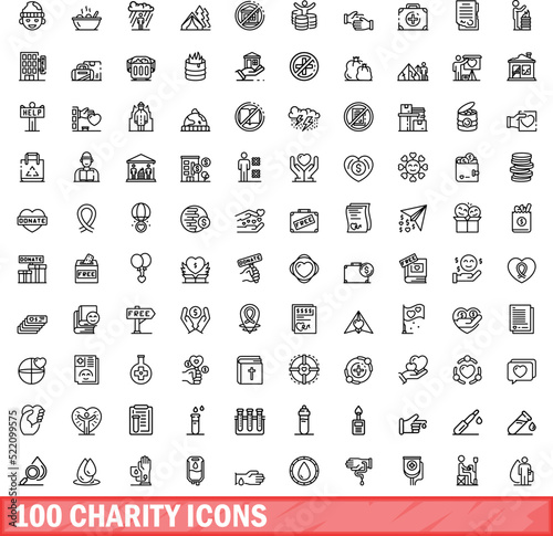 100 charity icons set. Outline illustration of 100 charity icons vector set isolated on white background