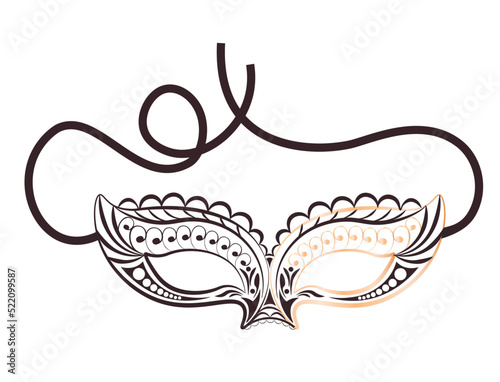 Lace mask vector stock illustration. The Carnival of Venice. Satin ribbons. Black and gold color. Isolated on a white background.