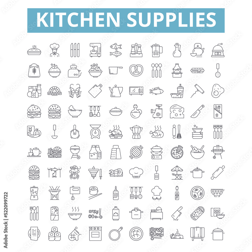 Kitchen supplies icons, line symbols, web signs, vector set, isolated illustration
