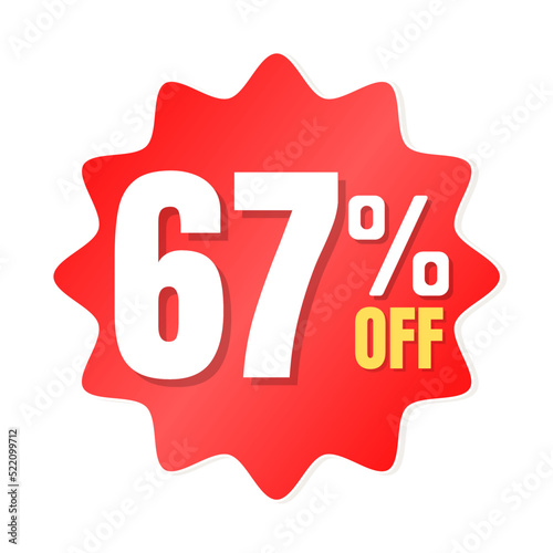 67% percent off(offer), shop now, red and yellow 3D super discount sticker, sale. vector illustration, Sixty-seven