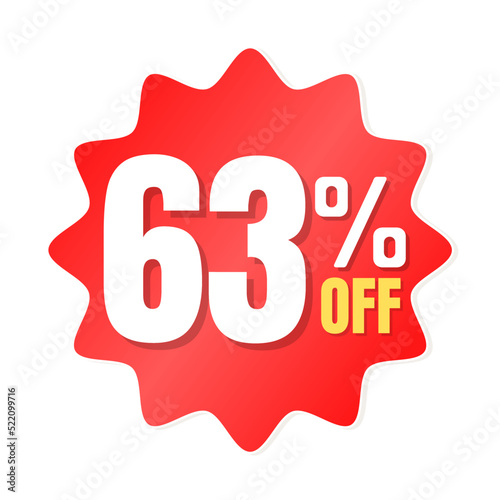 63% percent off(offer), shop now, red and yellow 3D super discount sticker, sale. vector illustration, Sixty three 