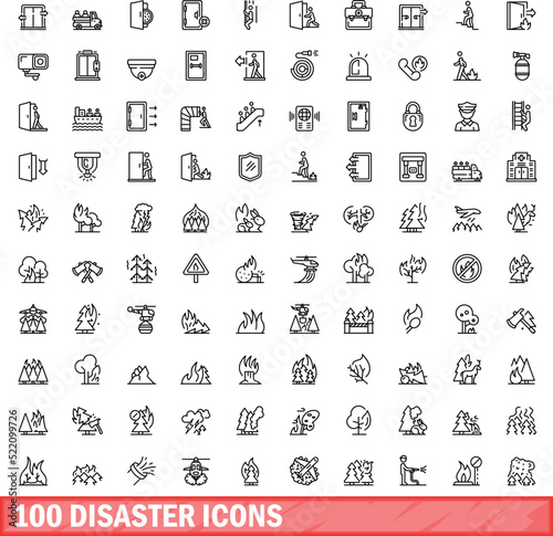 100 disaster icons set. Outline illustration of 100 disaster icons vector set isolated on white background