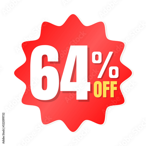 64% percent off(offer), shop now, red and yellow 3D super discount sticker, sale. vector illustration, Sixty four 