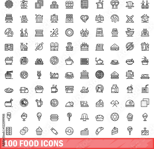 100 food icons set. Outline illustration of 100 food icons vector set isolated on white background