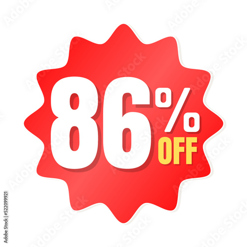 86% percent off(offer), shop now, red and yellow 3D super discount sticker, sale. vector illustration, Eighty-six