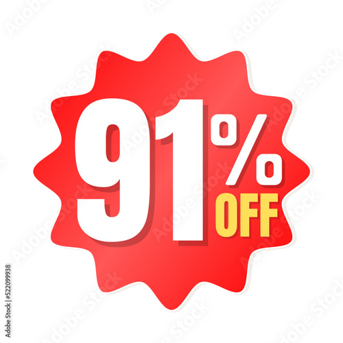 91% percent off(offer), shop now, red and yellow 3D super discount sticker, sale. vector illustration, Ninety one