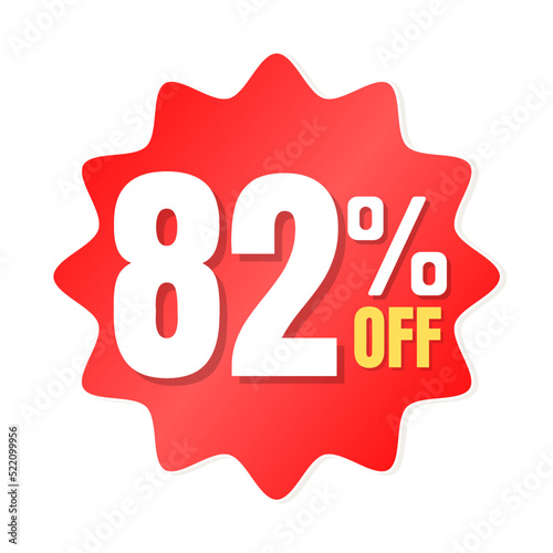 82% percent off(offer), shop now, red and yellow 3D super discount sticker, sale. vector illustration, Eighty two