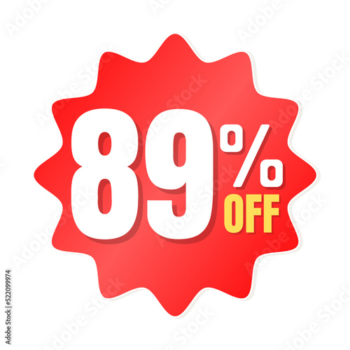 89% percent off(offer), shop now, red and yellow 3D super discount sticker, sale. vector illustration, Eighty nine photo