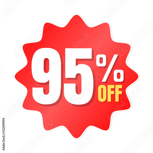 95% percent off(offer), shop now, red and yellow 3D super discount sticker, sale. vector illustration, Ninety five 