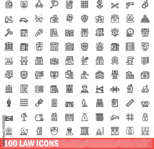 100 law icons set. Outline illustration of 100 law icons vector set isolated on white background