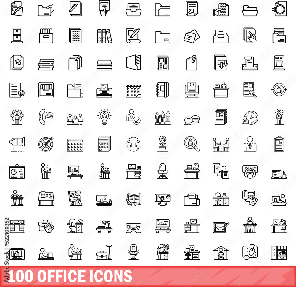 100 office icons set. Outline illustration of 100 office icons vector set isolated on white background