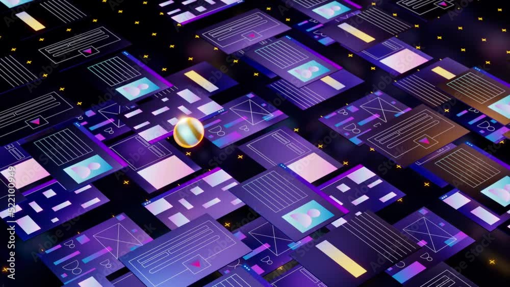 Yellow sphere jump over web pages and ui elements. Cyber security concept