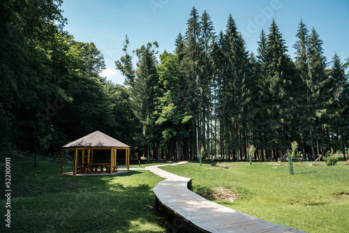 Beautiful visitor center of Baraceve caves  outdoor park for gathering of the tourist groups